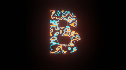 Illustration graphic of beautiful texture or pattern formation on the Letter B, isolated on black background. 3d rendering abstract loop neon lighting effect on Text B.