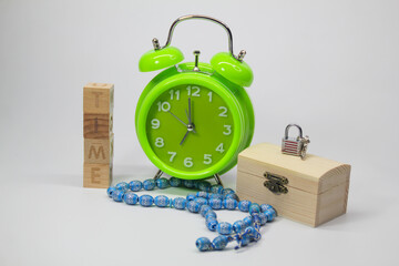 clock with beads and small wooden box with locks