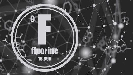 Wall Mural - Fluorine chemical element. Sign with atomic number and atomic weight. Chemical element of periodic table. Molecule and communication background. Connected lines with dots.