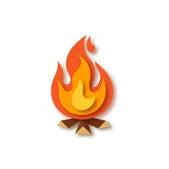 Bright orange, red, yellow bonfire with wood isolated on white background. Campfire, fireplace, flames. Paper cut out art digital craft style. Vector illustration