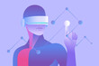 Scientific research and education in virtual reality. Man wearing vr headset and touching digital interface. Vector illustration