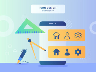 Wall Mural - icon design concept compass drawing ruler pen in front smart phone with house people gear icon on mo