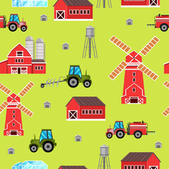 Farm seamless pattern with barn, windmill, tractor, water tower, red houses on green background. Agriculture farming repeat pattern in cartoon flat style for wrapping paper, kids apparel, wallpaper