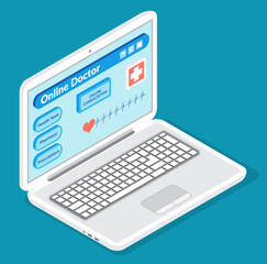Isometric 3d illustration. Online consultation with doctor at distance in internet, symptoms of disease, online treatment at medical website or application. Isolated flat style laptop or computer