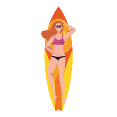 Sticker - woman with swimsuit, lying down on surfboard, summer vacation season vector illustration design