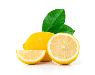 Water drops fresh lemon with leaves isolated on white background with clipping path.