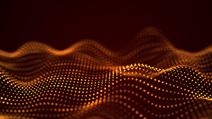 Digital dynamic wave of particles. Abstract gold futuristic background. Big data visualization. 3D rendering.