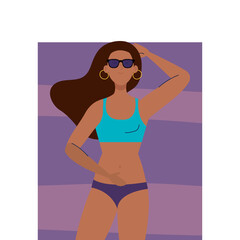 Sticker - view aerial, woman afro using swimsuit lying down, tanning on towel, summer vacation season vector illustration design