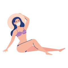 Sticker - woman with swimsuit wearing medical mask, tourism with coronavirus, prevention covid 19 in summer season vector illustration design