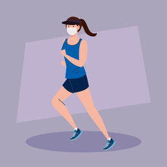 Sticker - woman running wearing medical mask, prevention coronavirus covid 19 vector illustration design