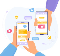 Wall Mural - two people chatting online on a mobile app with close up views of their hands and the screens, color