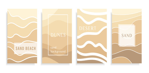 Abstract background sand on a beach or desert with a barchan and dunes of beige color. Template Sand texture with a pattern of wavy lines. Frames for text. Great for covers, fabric prints. Vector.