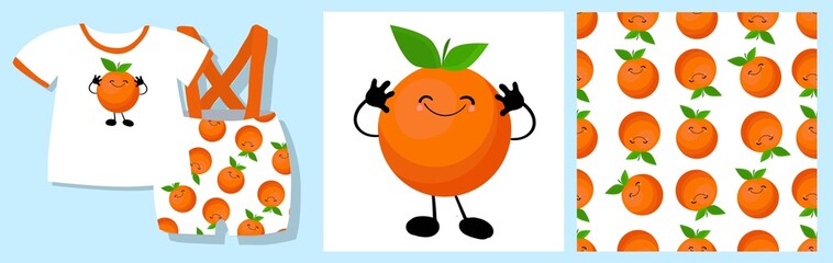 Sticker - Funny print for baby clothes. Cute pattern with oranges. T-shirt design. illustration. Ready-made textile design kit. Seamless pattern. Orange character. Pajamas print. Fruits