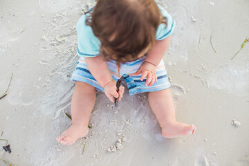 playing at the beach at sunset baby boy toddler in marco island florida 