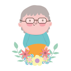 Poster - grandparents day, cute grandfather cartoon character flowers foliage decoration