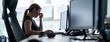 © Михаил Решетников - Tired woman workaholic t-shirt works in an empty office and holds fingers on the bridge of the nose. A girl with a headache works overtime. Female silhouette on a window background. Problems at work.