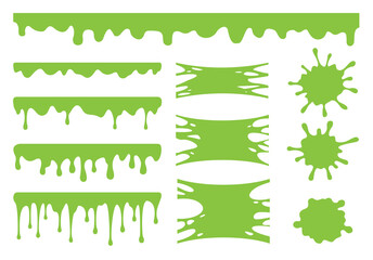 slime vector set. green dirt splat, goo dripping splodges of slime. collection of blots, splashes an