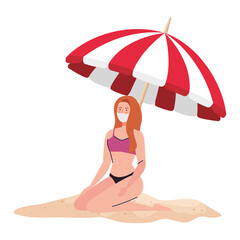 Sticker - woman with swimsuit wearing medical mask, tourism with coronavirus, prevention covid 19 in the beach vector illustration design