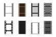 Set of film vector stripes. Cinema monochrome border celluloid tape, media empty image photo video vintage frame.