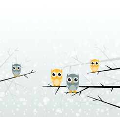 vector illustration of owls in branches of a tree in snow and grey background