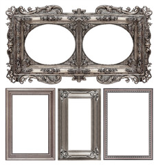 Set of silver frames for paintings, mirrors or photo isolated on white background