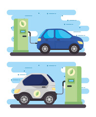 Canvas Print - set banner, electric vehicles cars in charging station road vector illustration design