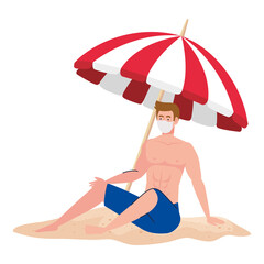 Poster - man in shorts wearing medical mask, tourism with coronavirus, prevention covid 19 in summer vacation vector illustration design