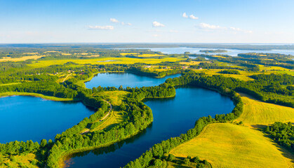 Aerial view of lakes in Narachanski National Park, Belarus