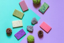 Multi-colored Scrub Soap Made Of Natural Ingredients On A Bright Background. Top View With Space