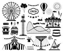 Set Of Silhouette Icons Of Circus, Amusement Park. Carnival Parks Carousel Attraction, Fun Rollercoaster And Ferris Wheel Attractions.