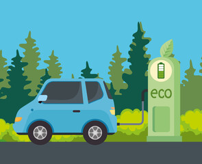 Sticker - electric vehicle car in charging station road vector illustration design