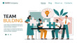 Team building concept in the office with a diverse group of business colleagues holding puzzle pieces below a lightbulb, colored vector illustration. Web page template