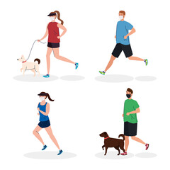 Canvas Print - group young people wearing medical mask, practicing exercise with dogs, prevention coronavirus covid 19 vector illustration design