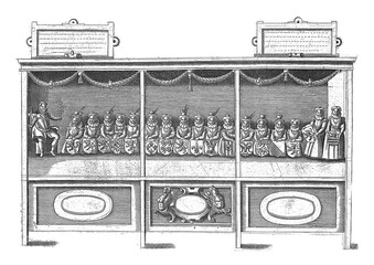 Sticker - Theater with the 17 provinces, 1594, vintage illustration.