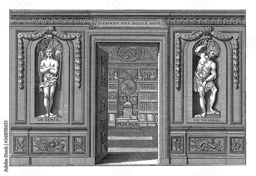 Cuadros en Lienzo Opened door to an art room with images of the personifications, vintage illustration
