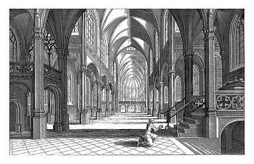 Wall Mural - Interior of a church with a woman kneeling, Hendrick Hondius (I), vintage illustration.