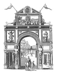 Wall Mural - Triumphal Gate with the City Virgin, 1594, vintage illustration.