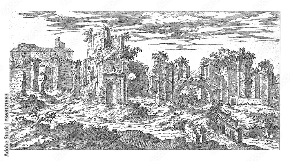 Ruins of the Baths of Titus in Rome, vintage illustration. - obrazy, fototapety, plakaty 