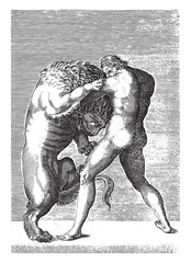 Wall Mural - Sculpture of Hercules in battle with the Nemean lion, anonymous, 1584, vintage illustration.