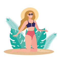 Canvas Print - woman with swimsuit sitting on the beach with tropical leaves decoration, summer vacation season vector illustration design