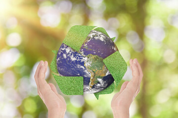 Canvas Print - green grass recycle symbol and earth in hands over green nature background. environment concept. ele