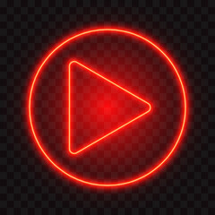 Red neon play button, round icon, isolated vector illustration.
