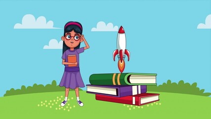 Sticker - little student girl reading books and rocket animated character