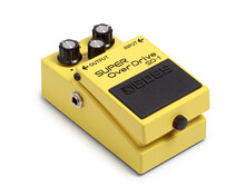 Bangkok, Thailand - July 15, 2020: Boss Electric Guitar Effects Pedals  Model Super Overdrive SD-1. Stomp Box Electric Guitar Signal Over Drive Yellow Effects Foot Pedal Isolated On White Background.