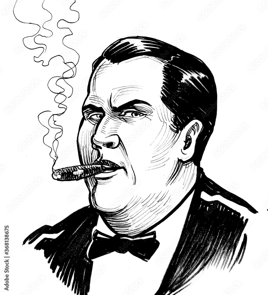 man smoking cigarette cartoon Rich man smoking a cigar. Ink black and white cartoon Stock Illustration