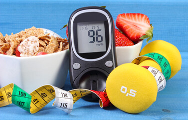 Wall Mural - Glucometer with sugar level, healthy food, dumbbells and centimeter. Diabetes, healthy and sporty lifestyle