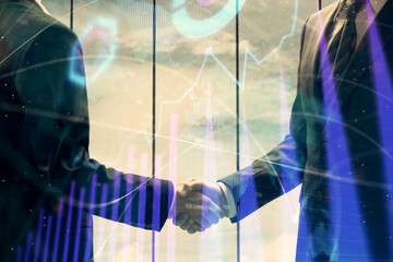 Double exposure of forex graph hologram and handshake of two men. Stock market concept.