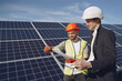 © prostooleh - Businessman and worker near solar energy batteries. Business client showing photovoltaic detail to foreman. Two men making deal.