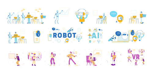 Set of Male and Female Characters Using Vr, Artificial Intelligence and Augmented Reality Technologies. Human and Robots