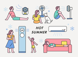 Wall Mural - hot summer people are feeling the cool breeze in front of air conditioners and fans. flat design sty